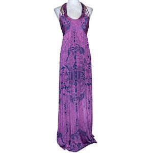 Kouture By Kimora Purple Floral Abstract Halter Bead Accent Padded Maxi Dress M